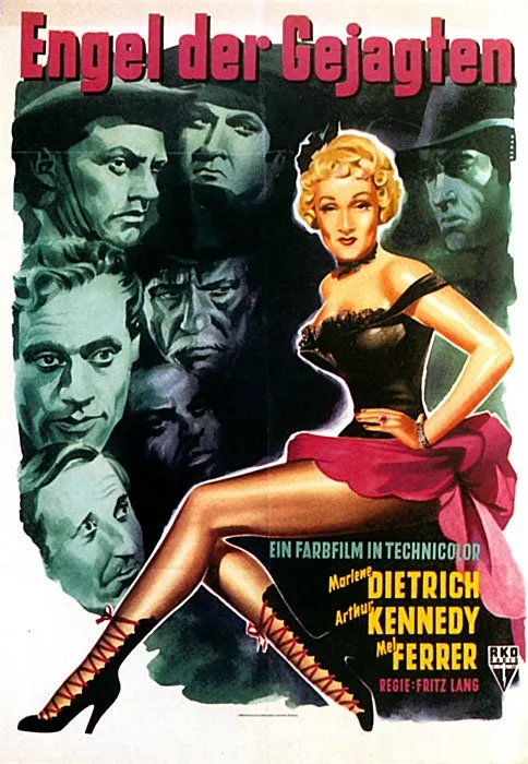 Marlene Dietrich (Altar Keane), Mel Ferrer (Frenchy Fairmont), Fritz Lang, Arthur Kennedy (Vern Haskell) zdroj: imdb.com