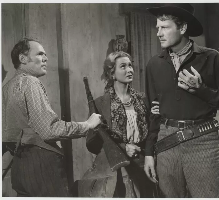 Henry Hull (Fred Winslow), Virginia Mayo (Colorado Carson), Joel McCrea (Wes McQueen) zdroj: imdb.com