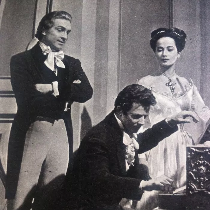 Stephen Bekassy (Franz Liszt), Merle Oberon (George Sand), Cornel Wilde (Frédéric Chopin) zdroj: imdb.com