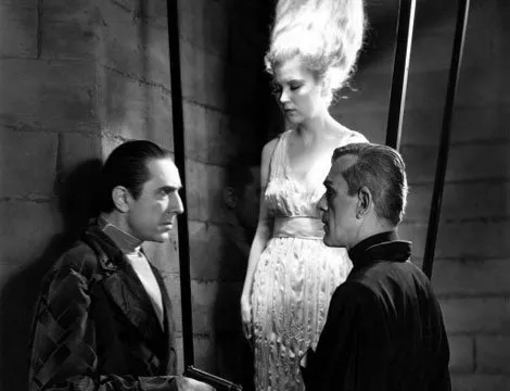 Boris Karloff (Hjalmar Poelzig), Bela Lugosi (Dr. Vitus Werdegast), Lucille Lund (Karen) zdroj: imdb.com