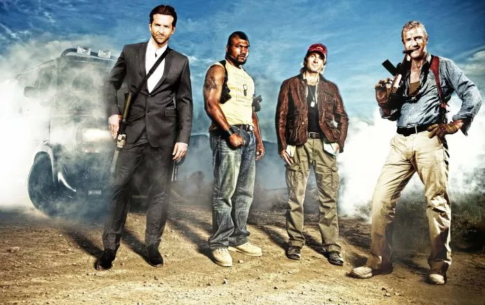 Liam Neeson (Hannibal), Bradley Cooper (Face), Sharlto Copley (Murdock), Quinton ’Rampage’ Jackson (B.A. Baracus) zdroj: imdb.com