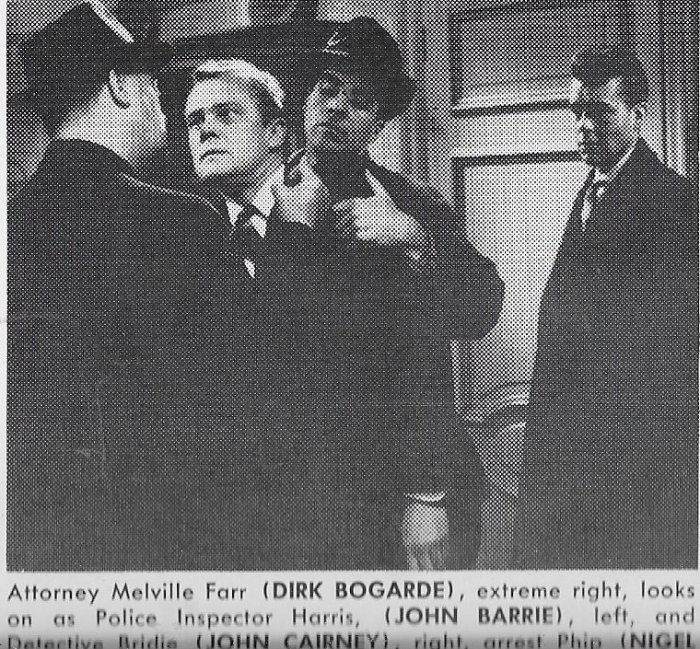 Dirk Bogarde (Melville Farr), John Cairney (Bridie), John Barrie (Det. Inspector Harris), Nigel Stock (Phip) zdroj: imdb.com