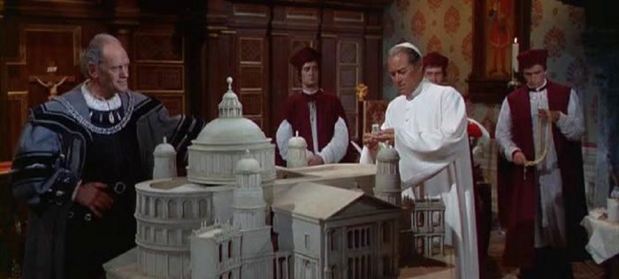 Rex Harrison (Pope Julius II), Harry Andrews (Bramante), Venantino Venantini (Paris De Grassis) zdroj: imdb.com